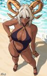  1girl absurdres arknights beach black_one-piece_swimsuit breasts carnelian_(arknights) carnelian_(shimmering_dew)_(arknights) commentary dark-skinned_female dark_skin furauji goat_girl goat_horns grey_hair highres horns large_breasts navel official_alternate_costume one-piece_swimsuit red_eyes sand sandals short_hair solo stomach swimsuit thigh_strap thighs water 