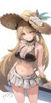  1girl absurdres arknights arm_support bare_shoulders bikini bikini_skirt black_bikini black_choker blonde_hair breasts brown_hat chinese_commentary choker cleavage commentary_request cowboy_shot demon_girl demon_horns flower grin hair_between_eyes hat hat_flower highres horns jdhlfire jewelry large_breasts long_hair looking_at_viewer meteorite_(arknights) meteorite_(summer_flowers)_(arknights) microskirt navel necklace official_alternate_costume simple_background skirt smile solo standing straw_hat sun_hat swimsuit white_background white_flower white_skirt yellow_eyes 