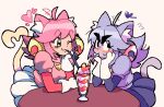  2girls :3 ahoge ahoge_wag animal_ears blush cat_ears cat_girl cat_tail deltarune drinking_straw drinking_straw_in_mouth dual_persona expressive_hair ghost_pink_(deltarune) gloves green_eyes grey_hair grey_shirt heart heart_tail looking_at_another looking_to_the_side mad_mew_mew melfunnysmell milkshake multiple_girls pink_shirt puffy_sleeves selfcest shared_drink shirt skirt tail upright_ahoge utdr_(toby_fox) white_gloves white_skirt yuri 