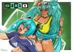  2026_fifa_world_cup 2girls ahegao alternate_breast_size_(larger) aqua_hair blush brazilian_flag brazilian_flag_print brazilian_miku breasts collarbone dark-skinned_female dark_skin earrings eyewear_on_head flag_print flower football_goal futa_with_female futanari green_hair grin hair_flower hair_ornament hatsune_miku japanese_flag jewelry large_breasts long_hair multiple_girls navel open_clothes open_fly open_shorts penis prone_bone sex shirt shorts smile sunglasses tan tanlines teeth tongue tongue_out twintails vocaloid world_cup yellow_shirt zyxdraws 