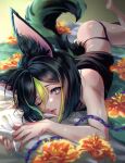  1boy animal_ear_fluff animal_ears ass barefoot black_hair blue_eyes closed_mouth commentary earrings flower fox_boy fox_ears fox_tail genshin_impact green_hair green_streaks hair_between_eyes highres jewelry lj6v6 looking_at_viewer lying male_focus multicolored_eyes multicolored_hair on_bed on_stomach one_eye_closed red_eyes short_hair soles solo streaked_hair tail tighnari_(genshin_impact) two-tone_eyes untranslatable_commentary 