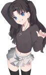  1girl absurdres black_hair black_thighhighs blue_eyes blush bow collarbone commentary cropped_sweater fate/stay_night fate_(series) hair_bow heart heart-shaped_pupils highres jewelry long_hair midriff_peek mntt navel necklace skirt smile sweater symbol-shaped_pupils thighhighs tohsaka_rin two_side_up white_skirt 
