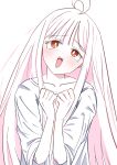  1girl ahoge brown_eyes cho_kaguya-hime! collarbone commentary_request hands_up highres kaguya_(cho_kaguya-hime!) long_hair mikage_tsuki open_mouth partially_colored shirt sidelocks simple_background solo unfinished white_background 