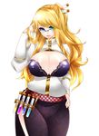  adjusting_hair blonde_hair blue_eyes breasts checkered cleavage glasses hair_tucking hand_on_hip highres huge_breasts long_hair open_mouth original sash semi-rimless_eyewear side_slit simple_background skirt smile solo vial white_background wide_hips yutazou 