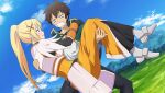  1boy 1girl anime_coloring armor armored_boots black_bodysuit black_eyes black_gloves black_pants blonde_hair blue_eyes blue_sky blush bodysuit boobplate boots braid braided_base brown_hair cape carrying clenched_teeth cloud cowboy_shot darkness_(konosuba) dutch_angle game_asset gloves grass green_cape hair_ornament highres kono_subarashii_sekai_ni_shukufuku_wo! kono_subarashii_sekai_ni_shukufuku_wo!_kono_yokubukai_game_ni_shinpan_o! long_hair long_sleeves looking_ahead looking_at_another mountainous_horizon nature non-web_source official_art open_mouth outdoors pants ponytail ponytail_with_braided_base princess_carry raised_inner_eyebrows satou_kazuma self-datamine shirt short_hair sidelocks sky standing sweatdrop teeth v-shaped_eyebrows variant_set white_shirt x_hair_ornament yellow_armor 
