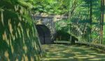  absurdres bridge commentary_request concrete dappled_sunlight day green_theme highres loca! mirror no_humans official_art outdoors railing road road_sign scene_reference scenery sign sunlight traffic_mirror tunnel uttama 