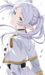  1girl absurdres capelet commentary_request dress earrings elf floating_earrings frieren green_eyes highres jewelry korean_commentary long_hair long_sleeves looking_at_viewer looking_back pointy_ears smile sousou_no_frieren teardrop_earrings twintails two_side_up white_capelet white_hair wind yui35 