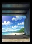  beach black_border blue_sky blurry border cat cloud commentary_request concrete depth_of_field highres mountain no_humans ocean original outdoors pei_(sumurai) sand scenery shadow sky tree 