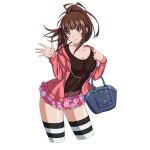  1girl bag belt blue_bag breasts brown_belt brown_eyes brown_hair brown_shirt buckle cleavage closed_mouth collarbone contrapposto cropped_legs drawstring floral_print floral_print_skirt game_asset handbag hands_up heart heart-shaped_buckle high_ponytail holding holding_bag ikkitousen ikkitousen_extra_burst jacket large_breasts leaning_forward long_hair long_sleeves non-web_source official_art open_clothes open_jacket pink_jacket pink_skirt ponytail print_skirt self-datamine shirt sidelocks simple_background skirt smile solo striped_clothes striped_thighhighs thighhighs transparent_background yagyu_mitsuyoshi_(ikkitousen) zettai_ryouiki 