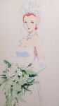  1girl bare_shoulders blue_eyes bouquet breasts bridal_veil bride cleavage commentary_request cowboy_shot dress earrings elbow_gloves flower fukano_youichi gem gloves gundam highres holding holding_bouquet jewelry leaf lipstick makeup matilda_ajan medium_breasts mobile_suit_gundam necklace official_artist_extra orange_hair pearl_necklace purple_gem red_lips short_hair simple_background solo standing strapless strapless_dress traditional_media veil wedding_dress white_background white_dress white_flower white_gloves white_theme 