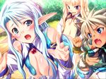  3girls animal_ears blonde_hair blue_eyes blush breasts cat_ears cleo_cragganmore elf elf_ears fang game_cg harem_party multiple_girls nia_schlichte pointy_ears slime sofisutia_gushigusu 