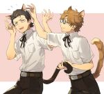  2boys animal_ears belt black-framed_eyewear black_hair black_pants black_ribbon brown_belt brown_hair buttons closed_mouth commentary_request dress_shirt gekkoukan_high_school_uniform glasses hiraga_keisuke isa_(peien516) male_focus multiple_boys neck_ribbon odagiri_hidetoshi open_mouth pants persona persona_3 rectangular_eyewear ribbon school_uniform semi-rimless_eyewear shirt shirt_tucked_in short_sleeves suit_pants tail under-rim_eyewear white_shirt 
