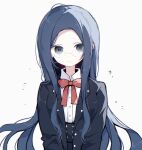  1girl black_eyes black_jacket blue_hair bow bowtie buttons closed_mouth collared_shirt commentary_request danganronpa_(series) danganronpa_v3:_killing_harmony highres jacket lapels long_hair long_sleeves notched_lapels red_bow red_bowtie round_eyewear shirogane_tsumugi shirt sidelocks simple_background smile solo suisei_(su_rkgk) upper_body white_background white_shirt 