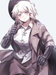  1girl blue_eyes breasts brown_coat brown_skirt buttons coat collared_shirt commentary_request cowboy_shot dawn_office_(identity)_(project_moon) dress_shirt faust_(project_moon) hand_up highres holding_strap instrument_case instrument_case_on_back lapels large_breasts limbus_company mechanical_arms notched_lapels open_clothes open_coat parted_lips pencil_skirt project_moon rug_(yurari606) shirt sidelocks simple_background skirt solo untucked_shirt watermark white_background white_hair 