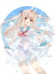  1girl :d ahoge ascot atri atri-my_dear_moments- black_ribbon blue_sailor_collar blue_sky blush brown_hair cloud commentary_request commission dress eyes_visible_through_hair feet_out_of_frame floating_hair hair_between_eyes hair_ribbon happy highres holding_own_dress long_hair long_sleeves looking_at_viewer open_mouth red_ascot red_eyes rento_(rukeai) ribbon sailor_collar sailor_dress second-party_source see-through_clothes see-through_dress see-through_silhouette short_dress sidelocks signature skeb_commission sky smile solo standing thighs two_side_up very_long_hair wading water water_drop wet wet_clothes wet_dress white_dress wide_sleeves 