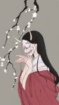  1girl black_hair branch commentary flower from_side gghost0627 grey_background hands_up hannya highres horns japanese_clothes kimono long_hair long_sleeves mask noh_mask oni original robe simple_background smile solo upper_body white_flower wide_sleeves 