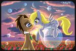  blonde_hair blue_eyes blush bubble bubbles cloud couple cutie_mark derpy_hooves_(mlp) doctor_whoof_(mlp) doctor_whooves_(mlp) duo equine eye_contact eyewear female feral flower friendship_is_magic glasses hair horse mammal moon my_little_pony necktie nose_kiss outside pegasus pony sky sunset willis96 wings yellow_eyes 