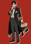  1boy absurdres belt belt_buckle black_coat black_eyes black_hair buckle closed_mouth coat commentary_request full_body hand_fan hand_on_own_chin highres holding holding_fan long_sleeves male_focus misumi_aoteru nippon_sangoku okitaka pants red_background shirt short_hair solo standing white_shirt 