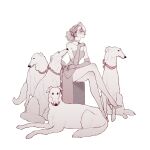  1girl blonde_hair borzoi bow choker closed_eyes closed_mouth commentary crossed_legs dog dress earrings elbow_gloves elbow_on_arm full_body gloves head_bow high_heels highres jewelry original pearl_earrings pink_bow pink_choker pink_dress pink_gloves pink_shoes shoes short_dress short_hair simple_background sitting solo stiletto_heels tight_clothes tight_dress untranslatable_commentary white_background zoy_(giasswindow) 