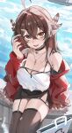  1girl ahoge black_skirt black_thighhighs breasts brown_feathers brown_hair can cleavage commentary drink_can english_commentary feather_hair_ornament feathers grey_eyes hair_between_eyes hair_ornament harasaki heterochromia highres holding holding_can indie_virtual_youtuber jacket jewelry kumi_(vtuber) large_breasts long_hair looking_at_viewer necklace orange_eyes pointy_ears red_jacket scar scar_across_eye scar_on_face sitting skirt solo thighhighs thighs virtual_youtuber 