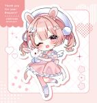  1girl :d animal animal_ears back_bow beret blush border bow bowtie bubble_skirt center-flap_bangs chibi chibi_only commentary commission double-parted_bangs ene-chan english_commentary flower frilled_sailor_collar frilled_skirt frilled_sleeves frills full_body hair_flower hair_intakes hair_ornament hat heart highres holding holding_animal holding_rabbit indie_virtual_youtuber kneehighs knees_together_feet_apart kohanai_momomi one_eye_closed open_mouth outline pink_border pink_bow pink_bowtie pink_eyes pink_hair pink_sailor_collar pink_shoes pleated_skirt pom_pom_(clothes) pom_pom_hair_ornament puffy_short_sleeves puffy_sleeves rabbit rabbit_ears rabbit_hair_ornament sailor_collar shirt shoes short_sleeves sidelocks simple_background skeb_commission skirt sleeve_bow smile socks solo stuffed_animal stuffed_rabbit stuffed_toy thank_you twintails white_background white_hat white_outline white_shirt white_socks 