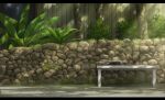  black_cat cat chair commentary_request dappled_sunlight day highres lying no_humans on_chair original pei_(sumurai) scenery sleeping stone_wall sunlight 