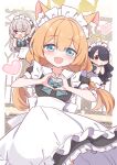  3girls :d :o ;d animal_ear_fluff animal_ears apron black_dress black_hair blue_archive blue_bow blue_eyes bow breasts cat_ears chibi commentary_request dress enmaided grey_hair hair_between_eyes hair_over_one_eye halo harada_(sansei_rain) heart heart_hands highres hinata_(blue_archive) large_breasts long_hair maid maid_headdress mari_(blue_archive) mini_person minigirl multiple_girls one_eye_closed open_mouth orange_hair parted_lips puffy_short_sleeves puffy_sleeves purple_eyes red_eyes sailor_collar sailor_dress sakurako_(blue_archive) short_sleeves smile very_long_hair white_apron white_sailor_collar 