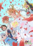  5girls arms_up bare_shoulders blonde_hair blue_background blue_dress blue_eyes blue_hair breasts bridal_veil bride child cleavage closed_eyes commentary_request crossdressing crossdressing_(ftm) dragon_horns dress dutch_angle elbow_gloves elma_(maidragon) falling_petals glasses gloves gradient_hair groom holding_another's_arm horns huge_breasts kanna_kamui kobayashi-san_chi_no_maidragon kobayashi_(maidragon) large_breasts logo low_neckline lucoa_(maidragon) multicolored_hair multiple_girls official_art open_mouth orange_eyes orange_hair petals ponytail priestess purple_hair red_hair short_hair sidelocks single_horn smile stole strapless strapless_dress tiara tohru_(maidragon) tuxedo veil wedding wedding_dress white_gloves white_hair wife_and_wife yuri 