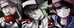  1girl 2boys backwards_hat baseball_cap blue_eyes blue_jacket brown_eyes brown_hair green_eyes green_hair hat highres hilbert_(pokemon) hilda_(pokemon) holding holding_poke_ball jacket madai_(si_202) multiple_boys n_(pokemon) poke_ball poke_ball_(basic) poke_ball_print pokemon pokemon_black_and_white zipper_pull_tab 