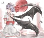  1girl back_bow back_cutout barefoot bat_wings bow clothing_cutout commentary full_moon hair_between_eyes hat hat_ribbon looking_at_viewer mob_cap moon open_mouth purple_hair red_bow red_eyes red_moon remilia_scarlet ribbon shirt short_hair sitting skirt skirt_set sleeve_bow soles solo toes togari_saki touhou white_hat white_shirt white_skirt wings 