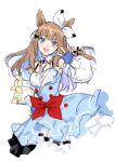  1girl almond_eye_(the_changer)_(umamusume) almond_eye_(umamusume) animal_ears blue_dress blue_eyes blue_gloves blue_hair blush bow brown_hair colored_inner_hair commentary detached_sleeves dress fingerless_gloves gloves hair_bow hand_on_own_hip horse_ears horse_girl looking_at_viewer multicolored_hair nardack open_hand open_mouth solo teeth two-tone_dress two-tone_hair umamusume upper_teeth_only white_bow white_dress white_sleeves 