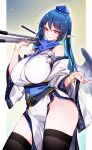  1girl absurdres bare_shoulders black_thighhighs blue_background blue_hat blue_nails blue_sash bracelet breasts closed_mouth commentary_request cowboy_shot earrings eyelashes fingernails gradient_background hair_between_eyes hat highres holding holding_tripod iizunamaru_megumu japanese_clothes jewelry kimono kourindou_tengu_costume large_breasts long_hair long_sleeves looking_at_viewer obi obijime pelvic_curtain pointy_ears pom_pom_(clothes) raptor7 revision ribbon-trimmed_sleeves ribbon_trim sash sharp_fingernails smile solo thighhighs thighs tokin_hat touhou tripod white_kimono wide_sleeves wings yellow_background 