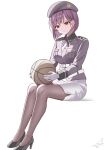  1girl ball basket basketball_(object) black_pantyhose closed_mouth commentary_request earrings hat heaven_burns_red highres holding holding_basket jewelry kanikure12 military_hat military_rank_insignia military_uniform neck_ribbon pantyhose purple_hair purple_ribbon red_eyes ribbon short_hair single_earring skirt tezuka_saki 