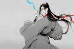  1boy between_fingers black_hair black_hanfu blue_fire chinese_clothes commentary faux_traditional_media fire floating_hair from_behind glassbearer grandmaster_of_demonic_cultivation grey_background greyscale hair_ribbon hand_up hanfu holding holding_ofuda ink_wash_painting long_hair long_sleeves looking_at_viewer looking_back magic male_focus monochrome ofuda ofuda_between_fingers ponytail red_ribbon ribbon robe simple_background sketch sleeves_past_wrists solo spot_color untranslatable_commentary upper_body very_long_hair wei_wuxian wide_sleeves wind 