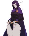  1girl absurdres black_leotard breasts cape cloak colored_skin commentary cupperexe dc_comics english_text female_pubic_hair forehead_jewel grey_skin highres leotard pubic_hair purple_cape purple_cloak purple_hair raven_(dc) revealing_clothes simple_background sleeved_leotard solo superhero_costume teen_titans white_background 