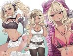  1girl absurdres agejo_gyaru animal_print apron artist_name bag bare_shoulders belt big_hair bikini black_bra black_panties black_pantyhose black_ribbon blonde_hair blunt_bangs bow bra bracelet breasts brown_belt brown_bow brown_eyes cameo character_bag commentary_request commission cowboy_shot cross cross_necklace curtained_hair dark-skinned_female dark_skin detached_collar detached_sleeves dress fang fashion frilled_hairband frills gradient_background gyaru gyaru_makeup hair_bow hairband hand_up highres jacket jewelry korean_commentary large_breasts leopard_print light_blush long_sleeves looking_at_viewer loose_socks makeup mole mole_under_eye multiple_views navel neck_ribbon necklace open_clothes open_jacket open_mouth original panties pantyhose parted_lips pink_bikini pink_jacket povertyisabusee print_jacket ribbon sideboob sidelocks sleeveless sleeveless_dress smile socks stomach swimsuit taiko_no_tatsujin teeth tiger_print twintails underwear wada_don waist_apron wavy_hair white_dress white_eyeshadow white_socks 