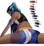  1girl armband armlet ass belly_chain bikini bikini_shorts black_hair blue_armband blue_eyes blue_eyeshadow blue_hair color_guide commentary cowboy_shot dark-skinned_female dark_skin earrings english_commentary eyeshadow from_behind front_sitting_split hair_bun hoop_earrings jewelry long_hair looking_at_viewer looking_back makeup multicolored_hair nessa_(pokemon) pokemon pokemon_sword_and_shield shorts single_hair_bun sitting_split solo split swimsuit tankini two-tone_hair wanderjegson 