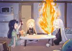  3girls absurdres ahoge artist_name barefoot birthday_cake black_hair blonde_hair blush cake candle cho_kaguya-hime! closed_eyes commentary fire food fushi_(cho_kaguya-hime!) highres inudoge kaguya_(cho_kaguya-hime!) kasuga_yuu long_hair multiple_girls open_mouth runami_yachiyo sakayori_iroha sitting smile tearing_up too_many too_many_candles twitter_username very_long_hair white_hair 