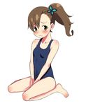  barefoot brown_hair butterfly_hair_ornament chousoku_henkei_gyrozetter gagajya green_eyes hair_ornament inaba_rinne long_hair one-piece_swimsuit school_swimsuit side_ponytail sitting swimsuit wariza wavy_mouth 