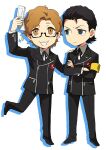  2boys armband black-framed_eyewear black_hair black_jacket black_pants black_ribbon black_shoes cellphone closed_mouth commentary_request crossed_arms deformed dress_shirt flip_phone full_body gekkoukan_high_school_uniform hair_slicked_back hiraga_keisuke holding holding_phone isa_(peien516) jacket looking_at_another male_focus multiple_boys neck_ribbon odagiri_hidetoshi pants persona persona_3 phone rectangular_eyewear ribbon school_uniform semi-rimless_eyewear shirt shoes short_hair simple_background standing under-rim_eyewear white_background white_shirt yellow_armband 