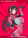  1977_oj3 1girl :p absurdres anniversary black_gloves blue_eyes blue_hairband bodysuit breasts brown_hair commentary copyright_name english_commentary gloves hairband hand_up highres large_breasts long_hair looking_at_viewer makinami_mari_illustrious mecha_pilot_suit neon_genesis_evangelion pink_bodysuit plugsuit_(evangelion) red-framed_eyewear red_background solo tongue tongue_out 