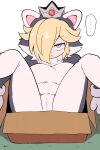  ... 1girl :< animal_costume animal_ears animal_hands blonde_hair blue_eyes box breasts cat_costume cat_ears cat_rosalina closed_mouth commentary_request crown fake_animal_ears gloves hair_over_one_eye highres in_box in_container kurachi_mizuki looking_at_viewer mario_(series) official_alternate_costume paw_gloves rosalina solo spoken_ellipsis spread_legs super_mario_3d_world 