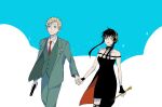  1boy 1girl abstract_background bare_arms bare_shoulders black_dress black_gloves black_hair black_thighhighs blonde_hair blue_background blue_eyes breasts buttons collarbone collared_shirt commentary couple dagger dress english_commentary fingerless_gloves floating_clothes gloves gold_hairband green_pants green_suit green_vest gun hairband halter_dress halterneck highres holding holding_gun holding_hands holding_weapon knife large_breasts long_hair long_sleeves looking_ahead looking_up necktie pants parted_bangs parted_lips red_eyes red_necktie shirt short_dress short_hair sidelocks sleeveless sleeveless_dress spiked_hair spy_x_family stiletto_(weapon) suit t_riangle thighhighs thighs twilight_(spy_x_family) two-tone_background upper_body vest weapon white_background white_shirt yellow_hairband yor_briar zettai_ryouiki 