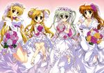  :d absurdres anklet armlet blonde_hair blue_eyes blush bouquet breasts brown_hair cleavage dress einhart_stratos elbow_gloves fate_testarossa flower flower_necklace frills fujima_takuya gloves green_eyes heart heterochromia highres jewelry large_breasts long_hair lyrical_nanoha mahou_shoujo_lyrical_nanoha_vivid multiple_girls necklace open_mouth purple_eyes red_eyes sandals scan side_ponytail smile takamachi_nanoha vivio wedding_dress 