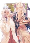  1boy 1girl animal_on_hand arjuna_(fate) arjuna_alter_(fate) arjuna_alter_(over_the_same_sky)_(fate) border braid commentary_request crossed_legs dark_skin dragon_boy dragon_horns dragon_tail eating fate/grand_order fate_(series) food hairband highres holding holding_food horns japanese_clothes kimono long_hair long_sleeves looking_at_another mouse_(animal) neko_mori obi sash single_braid sitting tail vritra_(fate) vritra_(over_the_same_sky)_(fate) wagashi white_border white_hair yellow_eyes 