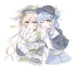  ... 2girls bird_hat_ornament black_capelet black_hat blonde_hair blue_hair blush bonnet bow braid braided_hair_rings capelet chinese_commentary commentary_request commission cowboy_shot deerstalker flower green_bonnet green_eyes hair_bow hair_flower hair_ornament hair_rings hand_fan hat highres holding holding_fan lolita_fashion long_hair long_sleeves mahou_shoujo_no_majo_saiban multiple_girls one_eye_closed open_mouth rose san_hua_xiao_mao_chu second-party_source short_hair simple_background skirt smile spoken_ellipsis standing tachibana_sherry tono_hanna twintails whispering_in_ear white_background yellow_flower yellow_rose 