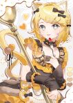  1girl :3 :d absurdres alternate_costume animal_ear_fluff animal_ears black_bow black_dress black_sleeves blonde_hair blue_eyes bow braid cat_ears cat_tail character_name commentary detached_sleeves dress food fork frilled_dress frills fruit fur_trim hair_bow hair_ornament hairclip heart highres holding holding_spoon kagamine_rin light_blush looking_at_viewer makka_potato multicolored_dress open_mouth orange_dress orange_nails orange_trim oversized_spoon parallel_hairclips paw_hair_ornament paw_in_eye paw_print short_hair side_braid smile solo spoon strawberry tail untranslatable_commentary vocaloid 