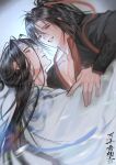  2boys artist_name bishounen black_hair black_hanfu blurry blurry_foreground carrying carrying_person chinese_clothes commentary couple eye_contact eyelashes grandmaster_of_demonic_cultivation grey_eyes hair_ribbon hanfu headband high_ponytail highres hug lan_wangji long_hair long_sleeves looking_at_another male_focus multiple_boys parted_lips pectoral_cleavage pectorals ponytail red_ribbon ribbon robe shinose01 sidelocks smile untranslatable_commentary upper_body wei_wuxian white_hanfu white_headband wide_sleeves yaoi yellow_eyes 