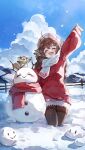 1girl absurdres ahoge blue_sky brown_feathers brown_hair closed_eyes cloud coat commentary english_commentary feathers fence hair_between_eyes hair_ornament harasaki hat highres indie_virtual_youtuber kumi_(vtuber) long_hair outdoors pantyhose red_coat red_scarf scar scar_across_eye scar_on_face scarf sky smile snow snowman solo squirrel star_(symbol) star_hair_ornament virtual_youtuber white_scarf 