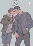  2boys alternate_costume arm_up beard_stubble blue_pants blue_shirt brown_hair chris_redfield closed_eyes commentary crescent denim english_commentary english_text facial_hair feet_out_of_frame forehead-to-forehead grey_background grey_hoodie grey_jacket grey_pants hand_in_pocket heads_together highres holding_hands hood hood_down hoodie interlocked_fingers jacket jeans lanimalu long_sleeves male_focus multiple_boys open_mouth pants parted_lips piers_nivans profile resident_evil resident_evil_6 shirt short_hair sleeveless sleeveless_jacket smile speech_bubble standing stubble torn_clothes torn_jeans torn_pants very_short_hair yaoi 